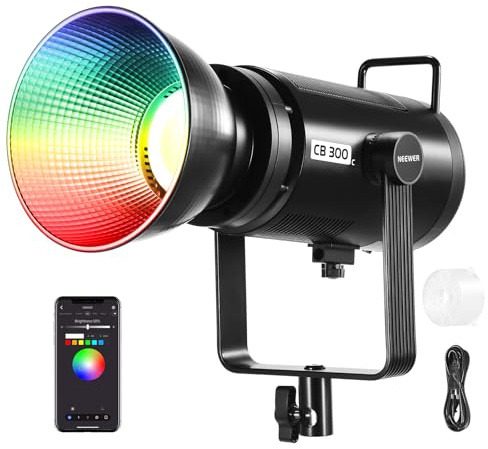 NEEWER CB 300C Luz Vídeo LED 300W con Reflector, Montaje Bowens, 155000Lux/1m 5600K COB Iluminación Continua CRI97+/TLCI97+ Foco Estudio Regulable, App/2,4G/Control Integrado para Grabación Películas