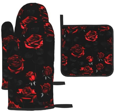 Set di guanti da forno e presine con stampa di rose rosse e nere, guanti da ristorante, cucina, forno, microonde