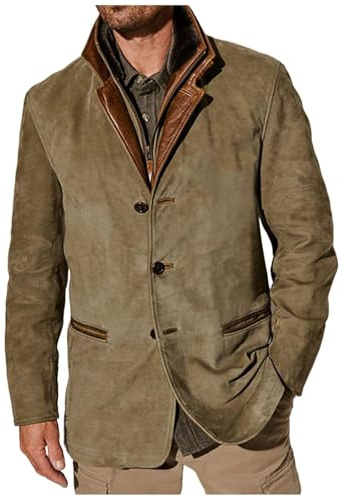 ORANDESIGNE Uomo Vintage Suede Giacca Blazer Doppio Strato Risvolto Collare in Pelle di Pelliccia Cappotto di Media Lunghezza Autunno Inverno Giacca Outdoor A Cachi L