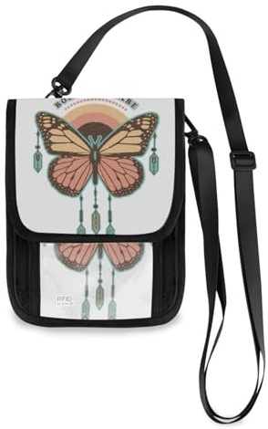 Mnsruu Cartera de viaje con diseño de mariposa, estilo retro, boho, para pasaporte, tarjetas de crédito, gadgets, bolsa unisex cruzada, cartera de viaje con correa ajustable, #01, Talla única, moda