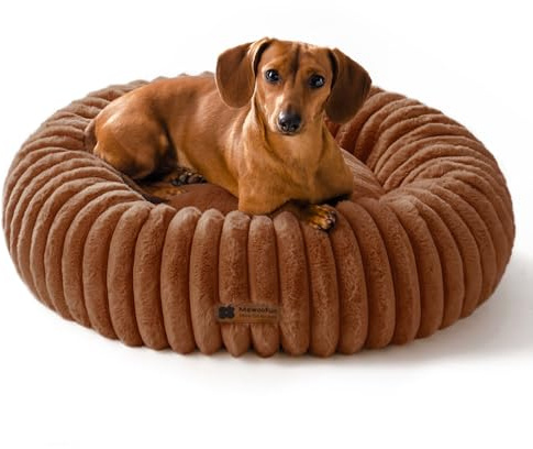 MEWOOFUN Hunde-Donut-Betten für kleine Hunde, beruhigendes Hundebett, rundes süßes Welpenbett mit Rutschfester Unterseite, Flauschiges (Braun, 64x64x18cm)