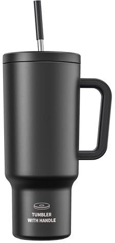 CCN Mug Isotherme avec Paille, mug isotherme 1,2 L, garde au chaud pendant 10 heures et au frais pendant 34 heures, sans BPA, gobelet en acier inoxydable avec paille, technologie 100% étanche, Noir