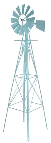 VINGLI 8FT Ornamental Windmill Backyard Garden Decoration Weather Vane, Heavy Duty Metal Wind Mill w/ 4 Legs Design,Light Blue