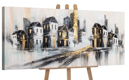YS-Art Schöne acrylbilder Stadt Gemälde mit gold auf Leinwand handgemalt Wandbild Wohnzimmer modern kraftvoll Wohndekor Bilder Büro echte Kunst 115x50 cm