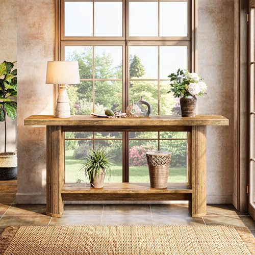 Tribesigns Table Console Moderne 140 cm, Meuble D'entrée Étroite avec 2 Étagères, Console Bois Derrière Le Canapé pour Salon, Couloir, Entrée, Marron