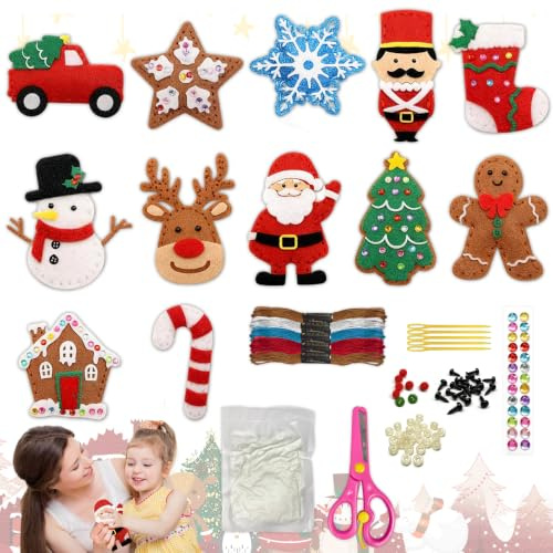 TZEKING 12 Stück Nähset Kinder,Weihnachten Nähhandwerk Set mit Zubehör,Bastelset Weihnachten,Weihnachtshirsch,Bastelsets für Kinder,Kreatives Bastelset für Anfänger Jungen & Mädchen
