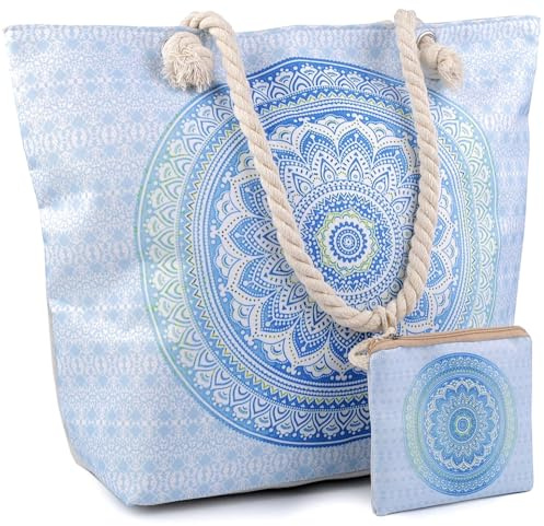 Borsa da spiaggia Boho Mandala, XXL, con manici in corda, 50 x 39 x 16 cm, con mini borsa abbinata, per spiaggia, picnic, vacanze, tempo libero, piscina, Azzurro