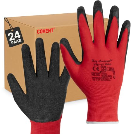 Covent Vip-er Red Arbeitshandschuhe Herren Gr 7 (24-er Set) – Montagehandschuhe Kategorie II – EN388 2121X – Bauhandschuhe für Umzugshelfer, Logistiker und Bauarbeiter