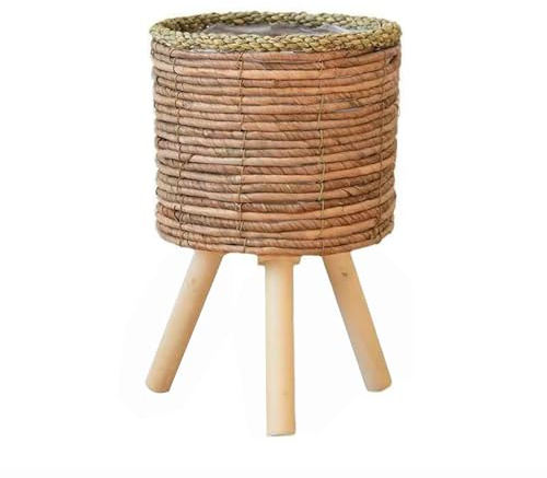 Soporte alto de ratán para macetas con patas de madera, estante decorativo para bonsái para sala de estar, patio y oficina, soporte tejido para plantas (22 x 34 cm), elegante decoración del hogar
