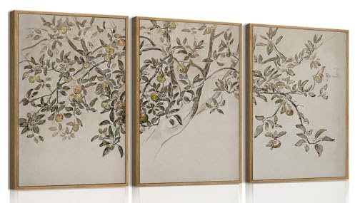 Vintage Apple Tree Sketch Wall Art Framed Set of 3, Moody Botanical Orchard Fruit Tree Prints, Neutral Earth Tone Pictures for Dining Room, Minimalist Aesthetic Kitchen Decor 12x16 Inch