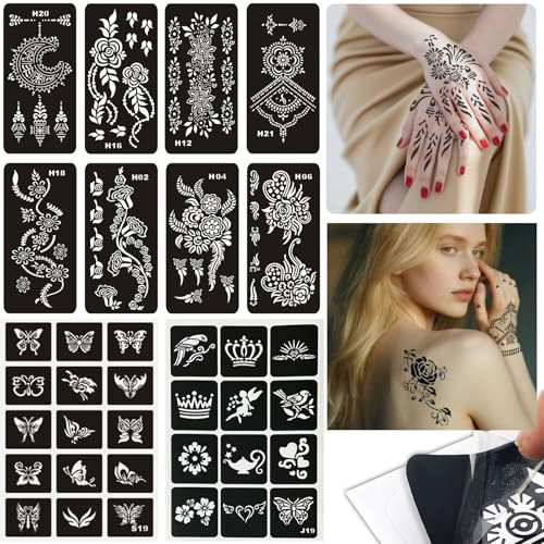 TYXHXTF 12 kits Pochoir Henné Main, Kit de Pochoirs pour Tatouage Henné Main, Henna Tattoo, Pochoir Tatouage Éphémère et Enfant, Henna main tatouages pochoirs set