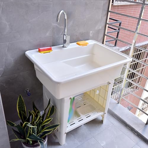 Pila Lavadero de Plástico con Tabla de Lavar, Lavadero Pila Exterior con Grifo de Agua Fría y Caliente y Kit De Desagüe, Ideal para Cuarto de Lavado(White,80x58x80cm)
