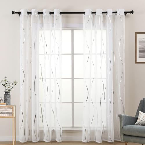 L.Z.E Silber Weiß Gardine Vorhang, Transparente Wellenmuster Gardinen Vorhänge für Wohnzimmer Schlafzimmer Küche, 2er Set Dekogardine Schal mit Ösen, 145 cm Länge Kurz (LZE2250E-S145)