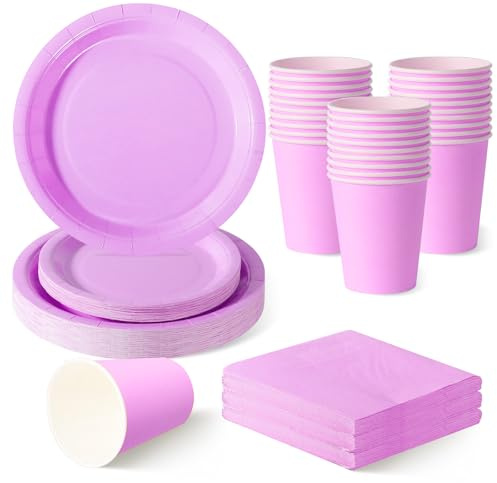 ZblPyro Set Stoviglie per Feste Lilla (30 Ospiti), con Piatti carta Rotondi 23cm e 18cm, Bicchieri di carta, Tovaglioli, Per Feste Comunione e Famiglia