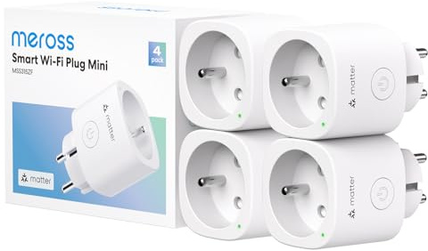 Meross Prise Connectée Matter (Type E), 16A Prise WiFi Compatible avec Apple HomeKit, Alexa, Google Home et Home Assistant, Mesure d'Énergie pour Panneau Solaire Photovoltaïque, 4 Pièces