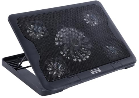 Base Enfriadora para Portátil 5 Ventiladores, Metal Negro | USB 0, 5m, Ajuste Multiángulo y Luces Led, Ventilación Silenciosa para Uso Diario