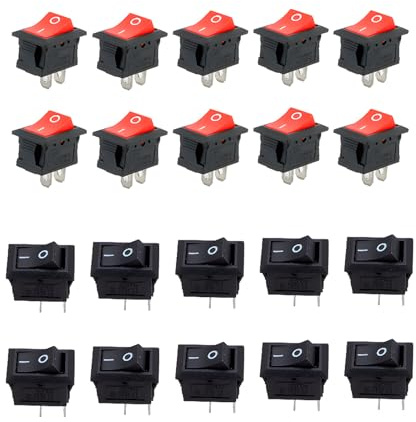 CESFONJER Mini Interruttore a Bilanciere, SPST Pulsante Interruttore a Bilanciere 6A/250V 10A/125V AC per Auto, Barca, Elettrodomestici (10 Pcs Nero, 10 Pcs Rosso)
