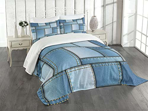 ABAKUHAUS Pays Couvre-lit Matelassé, Denim Motif Patchwork, Décoratif 3 Pièces avec 2 Taies d'Oreillers, 264 x 220 cm, Bleu Azur Pâle