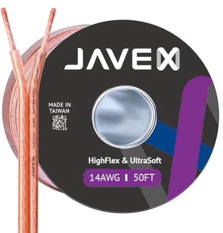 JAVEX Speaker Wire 14-Gauge [2.11mm2] [0.16mm Strands Oxygen-Free Copper 99.9%] Stranded Copper, Flat Cable, Cable for Hi-Fi Systems, Amplifiers, AV receivers and Car Audio Systems, 15.25M [50FT]