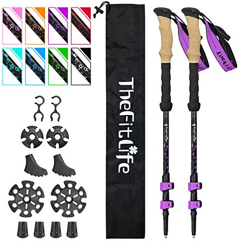 TheFitLife Carbon Fiber Trekking Poles – Collapsible and Telescopic Walking Sticks with Natural Cork Handle and Extended EVA Grips, Ultralight Nordic Hiking Poles for Backpacking Camping (Purple)