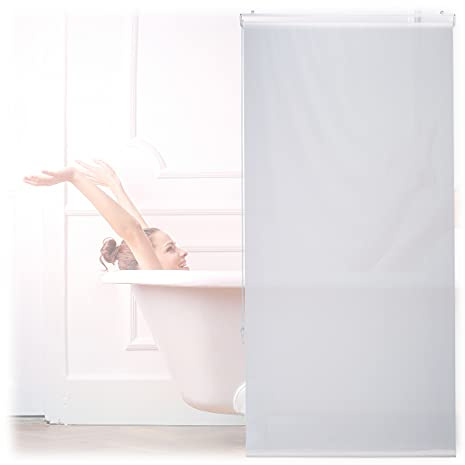 Relaxdays Cortina Enrollable Ducha, Estor con Cadena, Repelente Agua, Instalación Techo o Pared, 80x240 cm, Blanco