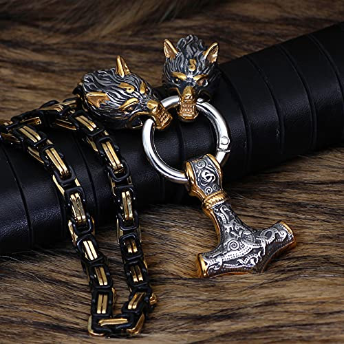 SBRTL Collar Mjolnir con Cabeza de Lobo para Hombre, Colgante Amuleto Martillo Thor de Acero Inoxidable Gran Cadena Rey Lobo Bizantino Hecha a Mano Acero Inoxidable,Oro,70cm