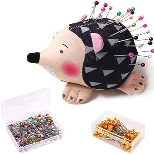 Amerson Coussin à épingles en forme de hérisson, joli kit de couture, accessoires, fournitures de coussins d'aiguilles avec 200 têtes sphériques colorées, épingles droites en tissu pour bijoux,