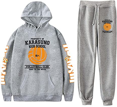 Flyself Unisex Haikyuu Hoodie Sweatshirt Jacke+ Hosen Jogginganzug Trainingsanzug Männer Karasuno High School Sportanzug Fitness Outfit 2 Stück Sets