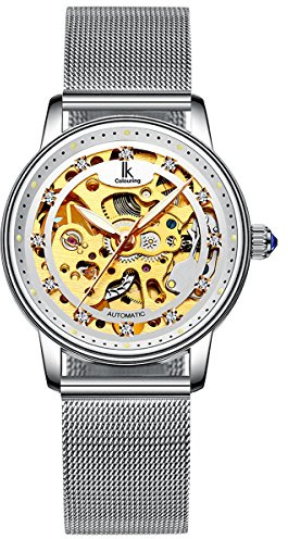 Alienwork Montre Automatique Femme Argent Bracelet Maille Blanc Squelette Fond de Verre