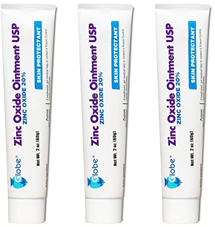 Globe (3 Pack) Zinc Oxide 20% Skin Protectant Barrier Ointment 2 oz Relieves, Treats and Prevents Minor Skin Irritations due to Diaper Rash. Helps Seal Out Wetness. Protects Chafed Skin.