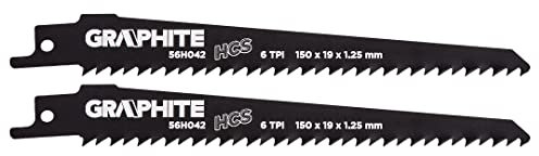 GRAPHITE HCS Lot de 2 lames de scie sabre pour bois épais sans clous, pour le bois vert, particulièrement pour les coupes courbées/profondes (150 x 19 x 1,25 mm, 6TPI)
