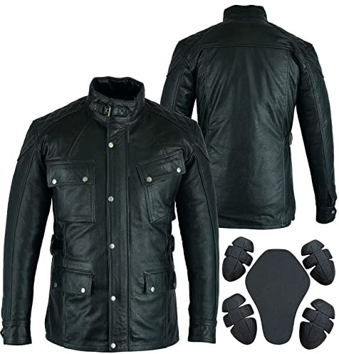 Bikers Gear Australia Chaqueta de motocicleta para hombre, estilo vintage, piel encerada pura, chaqueta negra con chaleco térmico desmontable, protectores suaves CE extraíbles en hombros, codos y