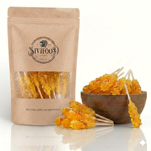 SIVIFOOD Rock Candy Sticks avec Safran Lot de 10 - Golden Rock Candy sur un bâton pour le thé Nabat Safran Sucre sur un bâton Café Bonbons à offrir en cadeau Bâtonnets de décoration de Noël