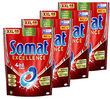 Somat Excellence 4in1 Caps (176 Stück), schnellauflösende Spülmaschinentabs, für exzellente Reinigung & Glanz sogar im Eco-Programm & bei niedrigen Temperaturen
