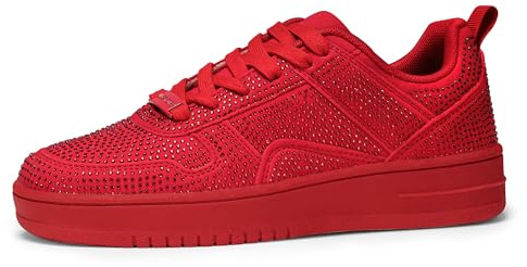 LUCKY STEP Dammode gnistrande strass sneakers vitt läder lågtopp tennisskor snörning avslappnad bekväm promenadsko, Röd strass, 8.5 US