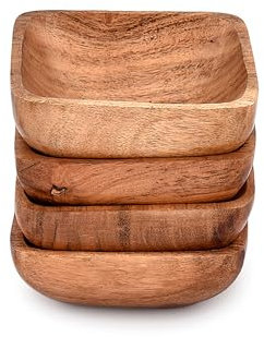 EDHAS Acacia Wood Snack Bowl Set of 4 Wooden Serving Bowls for Nuts, Appetizer, Condiments, Snacks, Fruit Gift Pack, Houesewarming Gifts (10.16cm x 10.16cm x 3.81cm)