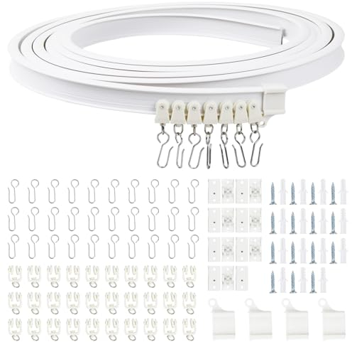 5 m Binario Curvo Tende a Soffitto, 110 Pcs Sistema di Binario Flessibile e Montaggio Accessori, Kit di Binari per Parete Finestre Stanze Divisore Tenda Doccia, Bianco (B)