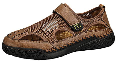 FNKDOR Trekkingsandalen Herren Outdoor Sandalen Wandersandalen Mesh Klettverschluss Geschlossene Sportsandalen (Brown, 41)