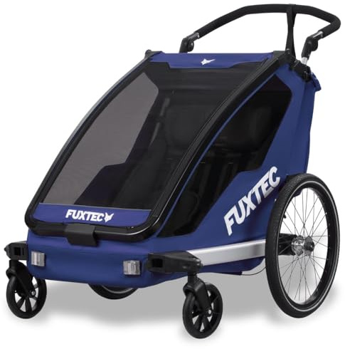 Fuxtec Carrello rimorchio per Bici Sportfux FA1 2in1 Convertibile in buggy con 2 Posti, Borsa Posteriore, Riflettori, Maniglia adattabile, Protezione Pioggia e Sole, Pieghevole Sicurezza Top BLU