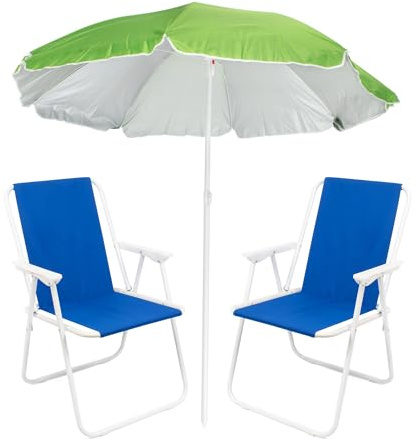 The Secret Home Pack de Sombrilla y Dos Sillas de Playa Plegables de Aluminio con Revestimiento de Tela - Set Ideal para Playa, Piscina, Jardín, Patio, Terraza y Camping