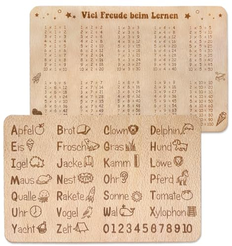 Frühstücksbrettchen Kinder mit Gravur zum ABC und 1x1 lernen Spiel, Geschenke zur Einschulung, Holzbrettchen Schulkind Geschenk Schulanfang Mädchen Jungen, Schultüte Füllen Ideen Zuckertüten Füllung