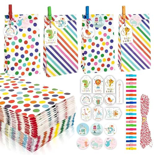 Geschenktüten Kindergeburtstag Papiertüten, 20 Stück Papiertüten, Bunte Geschenktüten mit Aufkleber, Schild,Clip und Lanyard zum Verpacken Geburtstagstüten Kinder Candy Tüten zum Verpacken Geschenken