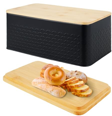 NIHUIFDPY Bread Bin, Metal Bread Box with Wooden Cutting Board Lid, Vintage Breathable Bread Storage Container, Large Bread Container for Kitchen Countertop,Space-Saving & Heavy Duty(Black)