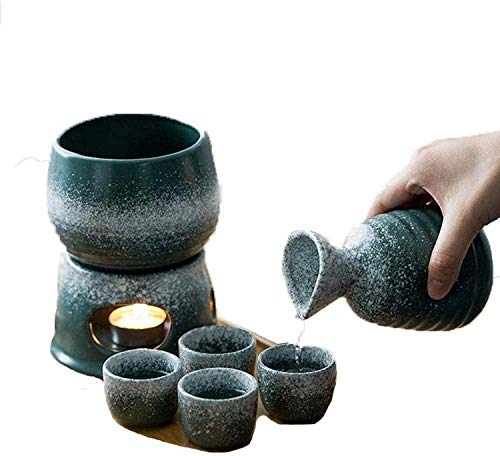 SACIKIKI Set di Bicchieri da Vino in Ceramica con Smalto a Fiocchi di neve Verde Malachite, 7 Pezzi in Ceramica con scaldavivande e fornello per Candele, per Sake Freddo/Caldo/Caldo/Shochu/tè