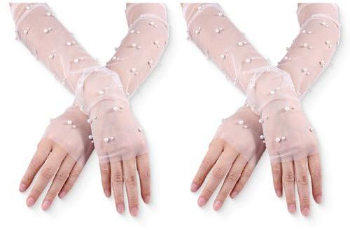 FMYODWU 2 Paar Weiße Lange Fingerlose Mesh Perlentüll Handschuhe - Hochzeit Outdoor Party Opera Halloween Kostüm Rollenspiel Accessoires, Weiß Lang