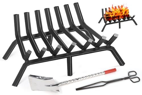JinhzWin 24 Inch Fireplace Grate, Heavy Duty Iron Fireplace Log Grates, Indoor Outdoor Firewood Stove Holder with Fire Tong & Shovel, Chimney Hearth Bar Fire Pit Burning Rack for Camping, Courtyard