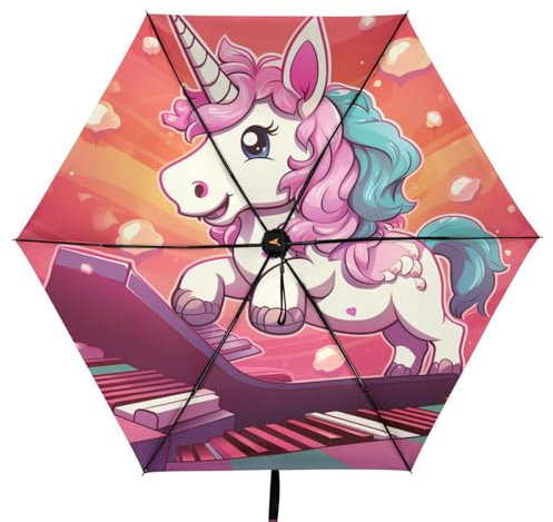 Linnyio Lustiges Rosa Klavier Einhorn Taschenschirm, UV-Schutz, Kompakter Reiseschirm, Sonnenschutz für Jungen und Mädchen
