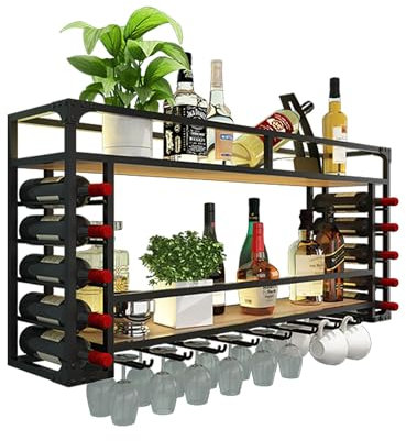 Weinregal Wand Metall mit Licht Flaschenregal Schmal mit Weinglashalter Wine Rack Bar Regal Wand Weinschrank Hausbar Barschrank Weinständer Getränke Regal Mini Bar für Esszimmer Küche Bartheke(Nero,80