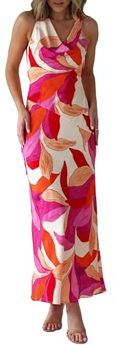 Robe Maxi en Satin à col bénitier sans Manches, Dos Nu, pour invitées de Mariage, Robe en Soie Dos Nu à Nouer dans Le Dos, Robes Formelles pour Femmes., Rouge Floral, Taille XL