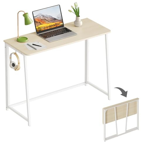 WOHOMO 100cm Hopfällbart Skrivbord, Litet Vikbart Skrivbord för Små Utrymmen, Kompakt Fällbart skrivbord för Bärbara Datorer, Gamingbord HemKontorsbord Skrivning Arbetsbord fÖr Vardagsrum,Beige